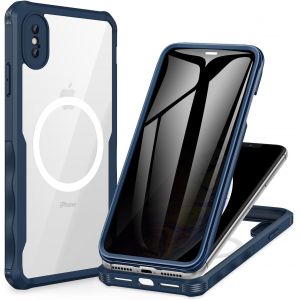TRAHOO-Magn&eacute;tique Anti Espion Coque iPhone XS Max, [Compatible avec MagSafe] Protection &eacute;cran Verre Tremp&eacute; 9H int&eacute;gr&eacute;, 360 Degr&eacute;s Antichoc T&eacute;l&eacute;phone Housse Double Face Case Int&eacute;grale Etui - Bleu - Neuf