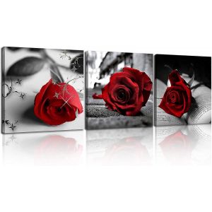Impression Sur Toile 3 Pcs Noir Et Blanc Rouge Rose Toile Peinture Peinture Abstraite Art Mural Décorations Fleur Image Sur Toile Pour La Décoration Intérieure Valent - Neuf