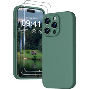 3 En 1 Coque Iphone 15 Pro Max Silicone Liquide Avec 2 Verre Trempé, Étui Protection Précise De Caméra [Résistant Aux Rayures] [Antidérapant] Iphone 15 Pro Max Case 6.7"", Vert - Neuf