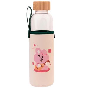 Gourde En Verre 500ml R&eacute;utilisable Motif Cooky Avec &Eacute;tui Line Friends Bt21 Blanc / Vert - Neuf