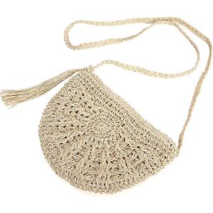 Sac à bandoulière en paille,sac de plage femmes tissage sac à bandoulière avec pompon d'été sac à main de plage panier - Neuf