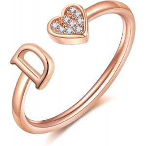 Kal-Bague Femme Or Argent Rose Or Coeur Bague Avec Initiale Lettres Enfant Fille Plaqué Or Reglable Ajustable A-Z Collier Femme Bague Fiançailles Accessoires Mode Contemporains Boîte Cadeau - Neuf