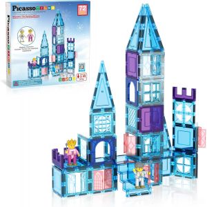 Picasssotiles Kit De Construction Magn&eacute;tique 72 Pi&egrave;ces Tiles Castle Winter Ice Theme Construction Bloc Magn&eacute;tique Avec Princess Prince Character Stairs Windows Doors Stem Learning Educational Toy Kid - Neuf
