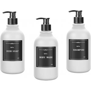KAL-Distributeurs Savon Blanc, 3 Pi&egrave;ces Flacon Pompe Vide 500Ml, Distributeur Shampoing Et Gel Douche En Plastique Avec &Eacute;tiquettes, Pour Cuisine Et Salle De Bain, Blanc Mat - Neuf