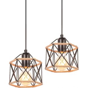 Lot De 2 Lustres Suspensions Industrielles Rétros Luminaires Suspensions E27 Vintage Design Diamant Chanvre Corde Métal Plafonnier Abat-Jour Pour Cuisine Salon Chambre (Hexagonal-S-2) - Neuf