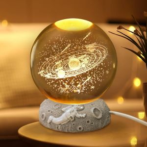Veilleuse 3d En Forme De Boule De Cristal - Syst&egrave;me Solaire - 80 Mm - Avec Socle En R&eacute;sine - Lampe Plan&egrave;te Led Avec C&acirc;ble Usb - Cadeau Astronomique Pour Femmes, Enfants, Amis, Famille (Lampe - Neuf