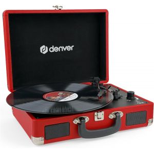 VornixorSarlshop-Tourne-Disque Vinyle Vintage Rouge - DENVER VPL-120 - Platine avec Enceinte int&eacute;gr&eacute;e - 3 Vitesses 33/45/78 Tours - Enregistrement USB vers PC - Lecteur r&eacute;tro Valise - Neuf