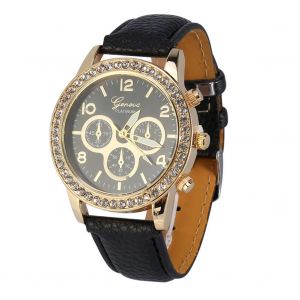 Femmes Dame Pu Cuir Bande Strass D&eacute;coration Analogique Quartz Rond Montre Montre-Bracelet (Noir) - Neuf