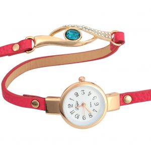 Femmes Fille Quartz Mouvement Pu Sangle Strass Bracelet Montre Montre-Bracelet (Rose Rouge) - Neuf