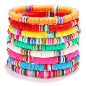 Bracelet Femme Empilable Arc En Ciel Vinyle Disque Perles D'argile Bracelet Élastique Élastique D'été Plage Bijou - Neuf