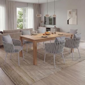 Lot de 6 chaises de salle &agrave; manger en aluminium HWC-P89, chaise d'int&eacute;rieur avec accoudoirs, tissu/textile (180 g/m&sup2;) tressage en cordegris clair - Neuf