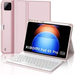 Clavier Pour Xiaomi Pad 6S Pro, Coque Clavier Pour Xiaomi Pad 6S Pro 12.4 Pouces 2024, Azerty Français Clavier Bluetooth Magnétique Détachable Avec Fente Pour Stylo Pour Xiaomi Pad 6S Pro 12.4, Rose - Neuf
