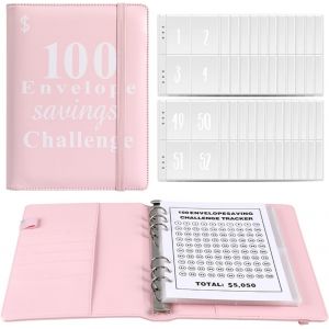 Lot de 100 Enveloppes de défi pour économiser de l'argent, Enveloppes de Trésorerie, Classeur pour économiser 5 050 $ A5 Couverture Rose - Neuf