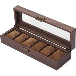Coffret À Montres 6 Compartiments Avec Plateau En Verre Véritable, Boîtier De Rangement En Pu Grain De Bois, Cadeau Idéal Pour Les Amoureux - Neuf