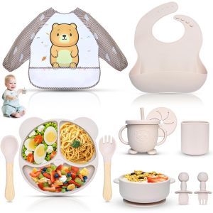Kal-Assiette Bebe Set, 11 Pièces Coffret Repas Bebe Silicone, Vaisselle Assiette Ventouse Pour Bébé, Bavoir Silicone Bebe, Cuillère, Enfant Set Couverts Vaisselle Pour Sevrage Manger (Beige) - Neuf