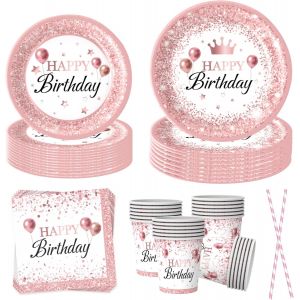 Kalanka-Lot De 50 Assiettes De Fête En Or Rose Avec Serviettes Et Pailles En Papier Pour Filles - Décoration De Fête D'anniversaire Pour 10 Invités - Neuf