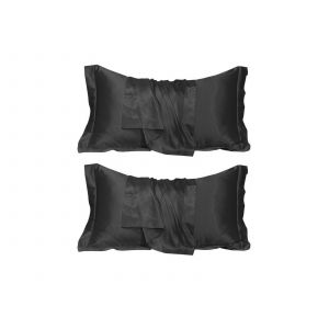 Lot De 2 Taies D'oreiller En Satin Noir 48x74cm, Fermeture Portefeuille - Neuf