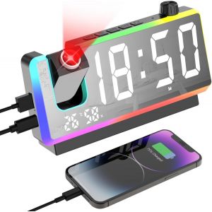 Cuteefun Reveil Projecteur Plafond, Réveil avec Grand Écran LED de 7 Pouces, Veilleuse RGB à 8 Modes, Projecteur à 180°, Double Alarme, Snooze, Double Port USB, TempéRature et Humidité, Noir - Neuf