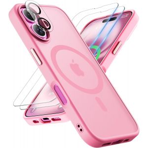 Brs-Coque Pour Iphone 16 Plus Avec 2 Verre Trempé Et 1 Caméra Protecteur, Translucide Mat Arrière Housse Fine Antichoc Pour Iphone 16 Plus Case Compatible Avec Mag-Safe 6.7"" Rose Clair - Neuf