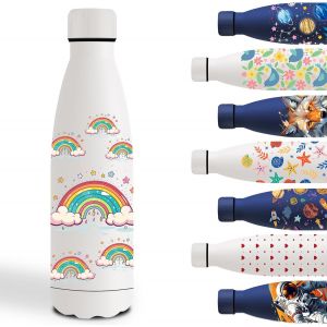 Eryi-Gourde, 500ml Gourde Isotherme, Gourde Personnalisée Avec Arc-En-Ciel, Gourde Enfant Garde Au Froid Pendant 24 Heures/Chaud Pendant 12 Heures, Bouteille D'eau Pour L'école, Bureau, Sports, Blanc - Neuf