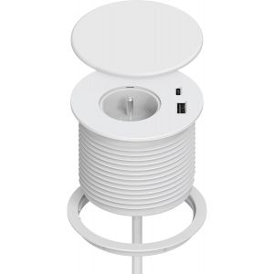 Bloc Prise Encastrable, Multiprise Encastrable avec 1 Prise, 1 Port USB C, 1 Port USB A, 80 mm de Diam&egrave;tre, 1,5M de C&acirc;ble, Prise Bureau pour la Cuisine, Le Bureau, Les Meubles, Blanc - Neuf