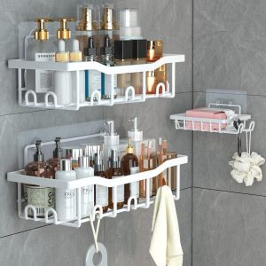 Douche sans Percage, Rangement Salle de bain Lot de 3,Etagere Salle De Bain Sans Percage Etagere De Douche Salle De Bain Accessoire (Blanc) (fig. r&eacute;actionnaire) - Neuf
