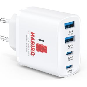 JGD-Haribo Chargeur USB C, 40W Prise USB C 4 Ports Chargeur Rapide iPhone, PD+QC Type C Adaptateur Secteur, pour iPhone 17/16/15/14/13/12/11 Pro Max/XR/XS/8/7, pour iPad, Galaxy, Rouge - Neuf