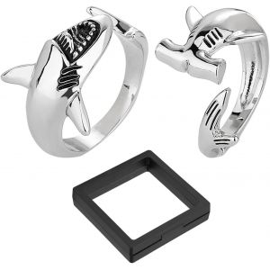 Kahfl-2 Bagues Requin,1 Boîte À Bijoux,Bague Ouverte Réglable,Bague Vintage Grand Requin Blanc,Accessoires De Bijoux Requin,Bijoux Cadeaux Pour Hommes Et Femmes - Neuf