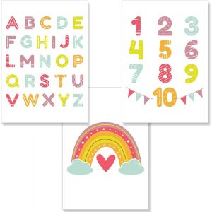 3 Affiche Décoration Murale - Décoration Chambre Bébé Fille Garçon - Alphabet Abc Arc-En-Ciel Papier Épais A4 - Neuf