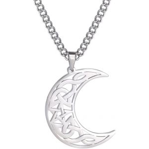 Kal-Temaer Collier Noeud Celtique En Acier Inoxydable - Pendentif Lune Triquetra Pentagramme Irlandais Gothique Wicca - Amulette Bijoux Pour Femmes - Neuf