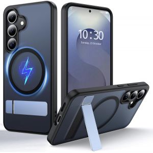 SJZG-Coque Pour Samsung Galaxy S25 Avec Magsafe [B&eacute;quille Invisible][Charge En Position Debout][Militaire Antichoc] Pare-Chocs En Silicone Souple Mat Translucide Pour S25 Mince, Noir - Neuf