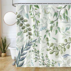 KAL-Rideau Douche Vert, Rideau De Douche Anti Moisissure 180X220Cm Feuilles D'Eucalyptus Bleu Gris Rideaux De Baignoire Tissu Lavable Imperméable Polyester Rideaux Salle De Bain Avec 12 Crochets - Neuf