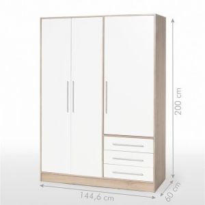 JUPITER Armoire de chambre style contemporain en bois agglom&eacute;r&eacute; chene et blanc - L 144,6 cm - Neuf