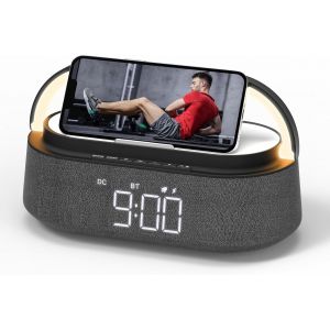 Radio Reveil Digital avec Chargement sans Fil, Multifonctionnel Radio FM avec Port de Chargement USB, R&eacute;veil Matin Enceinte Bluetooth, Affichage LED, Lampe avec Support de T&eacute;l&eacute;phone Portable - Neuf