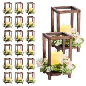 Lot de 20 Lanternes en Bois-Duoku-avec Bougies LED sans Flamme et Couronnes de Fleurs Artificielles-Marron - Neuf