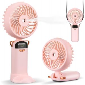 KALANKA-Mini Ventilateur Portable avec Brumisateur, USB Ventilateur Rechargeable à Main 5 vitesses, Petit Ventilateur de Poche avec Base, Pliable Ventilateur Portatif pour Voyages Bureau Maison (Rose - Neuf
