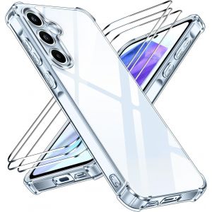 CAUC-Anti-Jaunissement HD Clair Coque pour Samsung Galaxy A55 5G avec 3 Pi&egrave;ces Verre Tremp&eacute;, [Protection Militaire] Transparente &Eacute;tui de Protection Antichoc avec Coins Renforc&eacute;s Mince Bumper Housse - Neuf