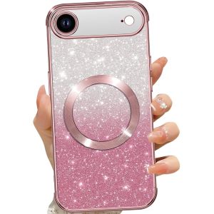 TRAHOO-Coque Magn&eacute;tique pour iPhone 17 Air 6,5"", Etui &agrave; Paillettes Compatible avec MagSafe, Antichoc Charge sans Fil Housse pour iPhone 17 Air, avec 2 Verre Tremp&eacute;, Rose - Neuf