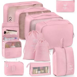 Lot De 11 Cubes D'Emballage Pour Val , Organ Urs De Bagages, Essentiels De Voyage, Organ Ur De Bagages, Trousse De Toilette &Agrave; Crochet, Trousse De Maquillage Et Sac &Agrave; Chaussures, Rose - Neuf