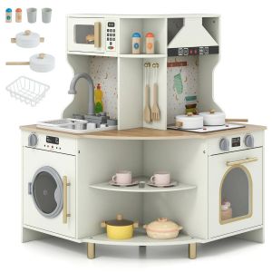Cuisine d'angle en bois pour enfants 62 x 62 x 80 cm avec robinet fonctionnel et sons r&eacute;alistes design moderne beige Helloshop26 20_0017837 - Neuf