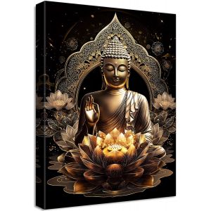 ERYI-Cadre En Bois Impression Sur Toile Statue De Bouddha En Bronze Tableau Image Sur Toile Affiche Fleurs De Lotus Bouddhisme Prière Tableau Decoration Murale Salon Chambre Coucher Salle De Bains 40 - Neuf