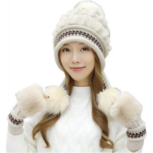 Blanc Cassé Femme Chaude En Tricot Cache-Oreilles Femme Ajouter Un Foulard Chaud Pour L'hiver Beanie Tricoté Casquette De Baseball Femme Coton - Neuf