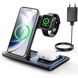 Station de Charge 3 en 1, Chargeur Induction Iphone pour IPhone 17/16/15/14/13/12/Pro/Max, Station Charge Apple pour Apple Watch, Charging Station sans Fil pour AirPods 2/3/Pro(Noir) - Neuf