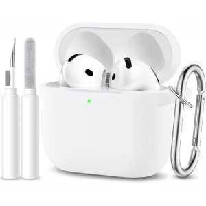 KALANKA-Coque Compatible avec AirPods 4 Case 2024, Étui Protection Antichoc en Silicone Souple pour Apple AirPods 4ème Generation Housse avec kit de Nettoyage et Mousqueton [LED Visible], Blanc - Neuf