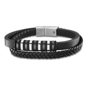 Bracelet - Lotus - Gourmette Jonc - Acier Inoxydable - Cuir Noir - Longueur 23cm - Neuf