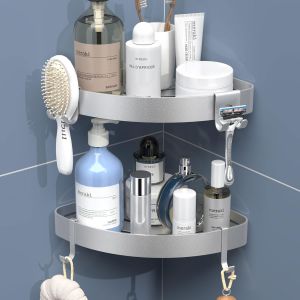 Etagere de Douche sans Percage Argent, Rangement Salle de Bain Angle, Porte Savon Douche, porte gel douche salle de bain Avec 4 Crochets et Autocollants, 2 pi&egrave;ces (Argent) - Neuf
