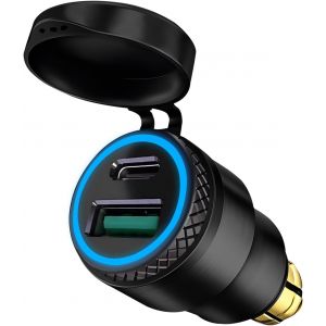KALANKA-12V-24V Aluminium Chargeur DIN Plug to USB C 30W 5A QC 3.0 Prise USB DIN Chargeur Rapide Moto Etanche Adaptateur avec LED Bleue pour BMW Triumph Ducati Tiger de Style Europ DIN Hella Socket - Neuf