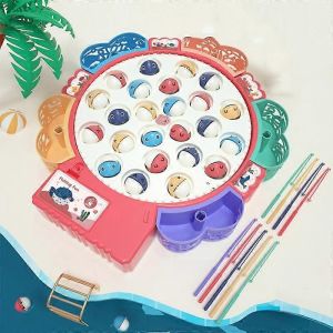 Jouet de pêche magnétique pour enfants, éducatif, multifonctionnel, musical, plaque de pêche rotative, couleur : rose, à piles, 24 poissons et 5 cannes à pêche - Neuf
