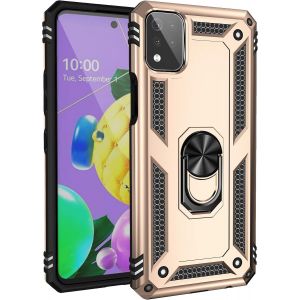 Kal-Coque Pour Lg K53/Lg K52, + Verre Trempé Double Couche Hybride Ultra Armure Housse Étui De Protection Antichoc Armor Bumper Cover Pour Lg K53/Lg K52 Avec Stand, Or - Neuf
