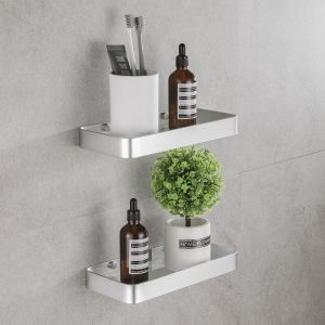 Etagere Douche sans Percage, Etagere Salle de Bain Pose Murale avec Aluminium Etagere et Verre Tremp&eacute;, Rangement Douche Serviteur &Eacute;tag&egrave;re Porte de Shampoing et Gel Douche 2 Pi&egrave;ces, 25cm Argent - Neuf